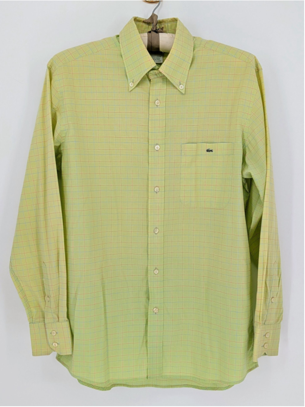 Lacoste Men’s 42 L Green Plaid Cotton Long Sleeve Button Down Shirt Croc Preppy
